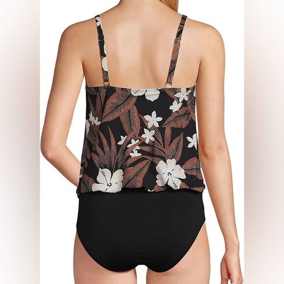 Land's End one piece swimsuit slender suit fabric fauxkini black floral palm 14 - Picture 5 of 7